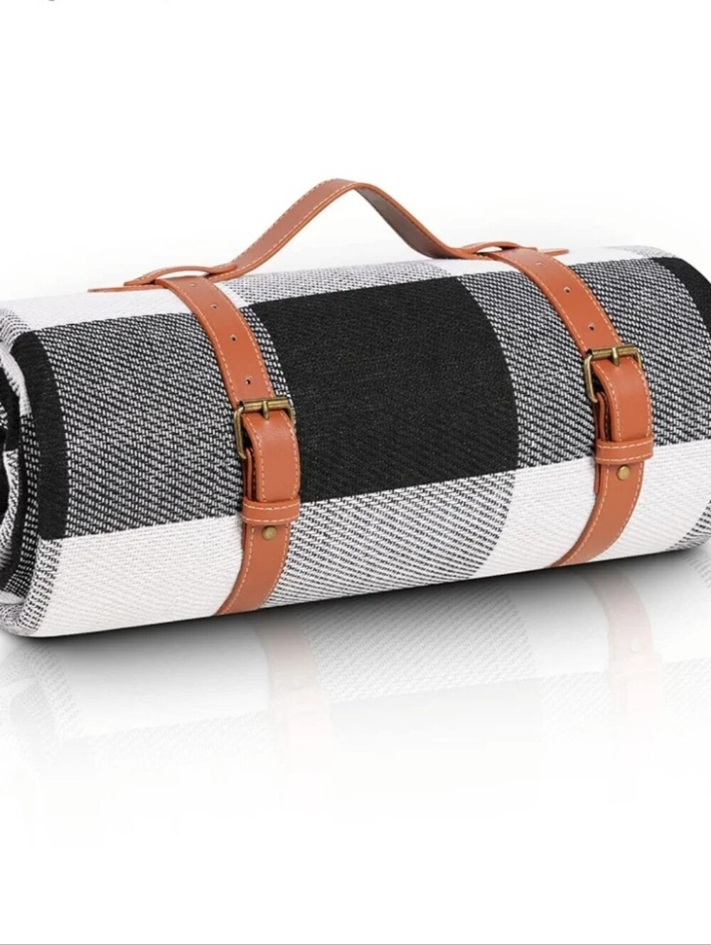 Premium Black & White Checkered Roll-Up Picnic Blanket with Brown Straps